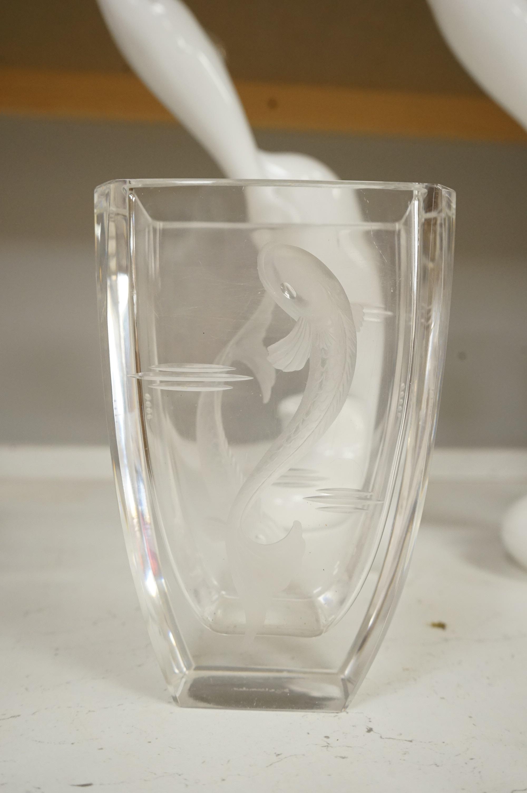 A collection of studio glass, including two glass aquarium ornaments, a pair of Langham dolphins, a Scandinavian fish vase and a smaller vase, largest 34cm high (6)